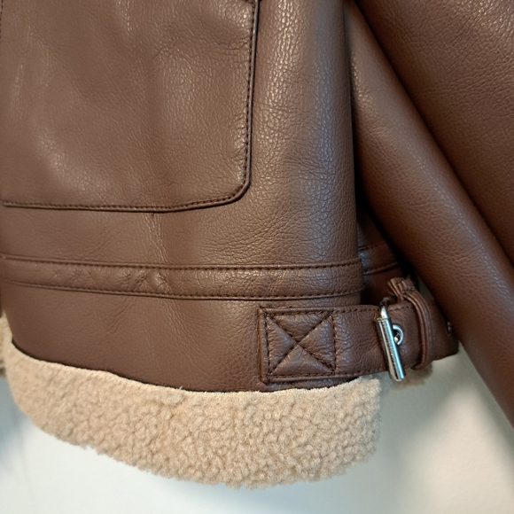 Garage Cropped Aviator Jacket Sherpa Lined Coat Brown Faux Leather Women's Sz M - Picture 11 of 16